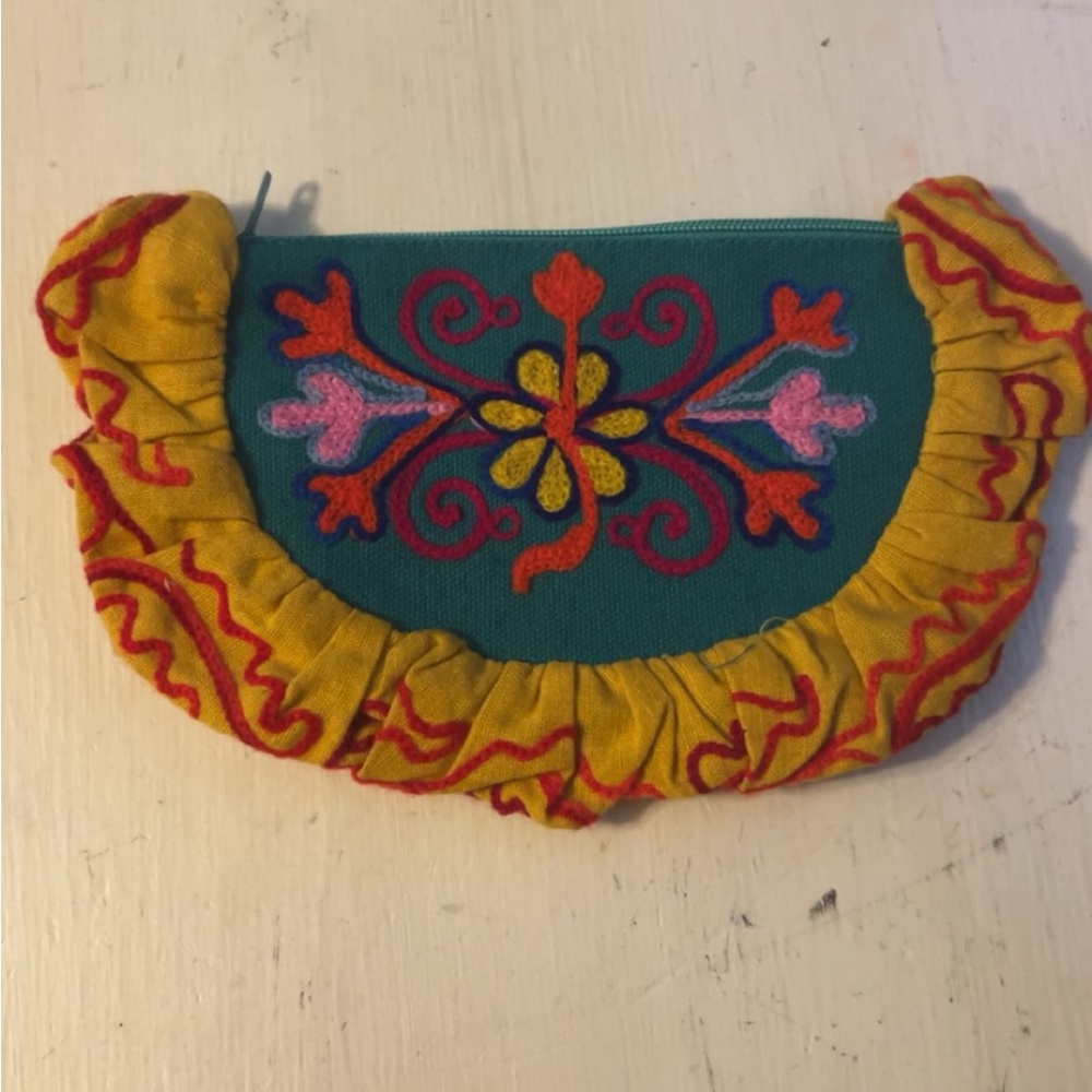 Embroidered Teal and Yellow Clutch